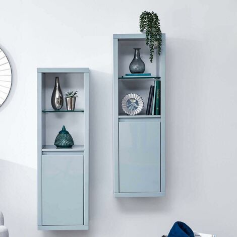 Wall Mounted Grey Display Unit Storage Adjustable Shelf and Door High Gloss