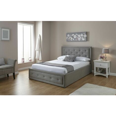 Luxury Diamante Headboard Buttoned 4ft 6 Double Grey Fabric Ottoman Storage Bed