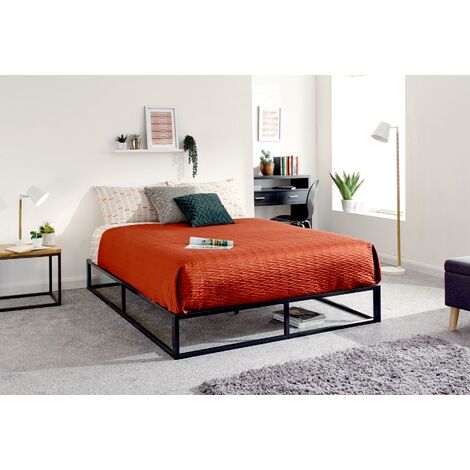 Black 4ft Small Double Platform Bed With Wooden Slats Metal Frame Modern Style