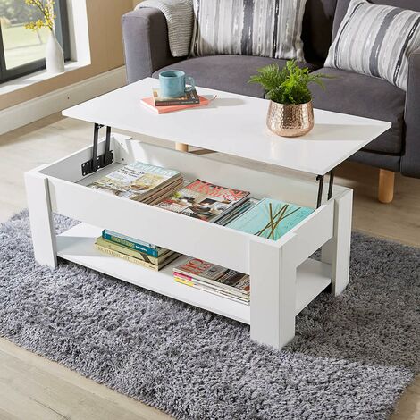 White Wooden Coffee Table With Lift Up, Glass Top Lift Up Coffee Table