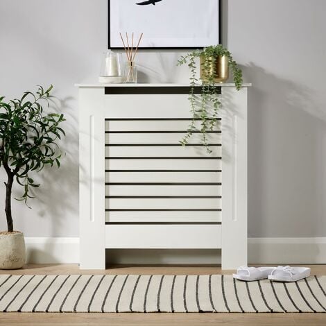 Small White Radiator Cover Wooden MDF Wall Cabinet Shelf Slatted Grill Modern