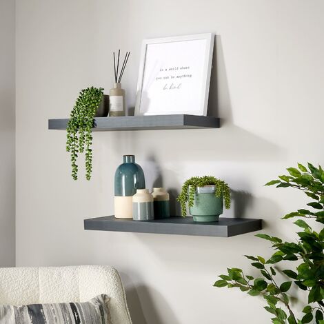 Pair Floating Wall Mounted Book Storage Shelf Wooden 60cm Bookshelves Matt Grey (1/5)