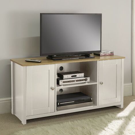 Off White Oak TV Stand Two Tone 2 Door Cabinet Television Unit Open Shelf Cable Tidy