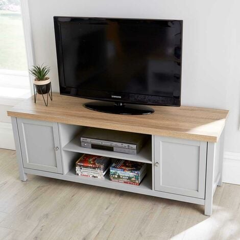 Grey Oak TV Stand 2 Door Cabinet Television Unit Open Shelf Cable Tidy 36mm Top