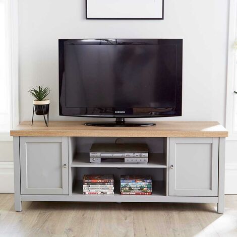 Grey Oak TV Stand 2 Door Cabinet Television Unit Open Shelf Cable Tidy 36mm Top