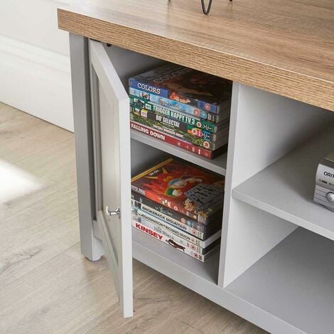 Grey Oak TV Stand 2 Door Cabinet Television Unit Open Shelf Cable Tidy 36mm Top