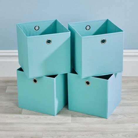 Folding Aqua Blue Square Storage Utility Box 4 Piece Fabric Cube Set Basket Bag
