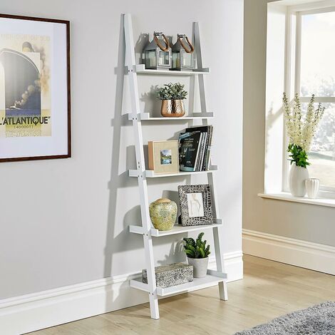 White Ladder Shelving Unit 5 Tier, White Ladder Bookcase With Storage