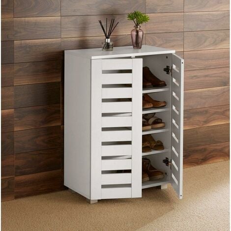 Oslo 2 Door White Wooden Shoe Storage Cabinet Rack Stand Cupboard Slatted Doors