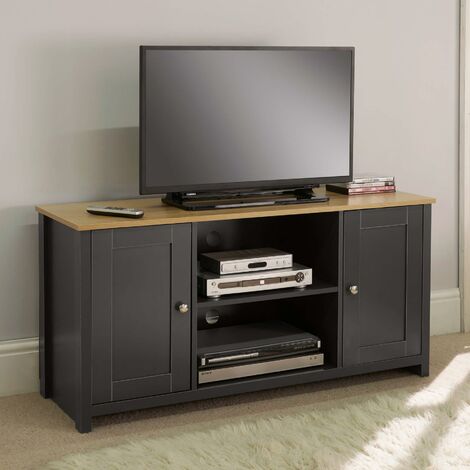 Graphite Oak TV Stand Two Tone 2 Door Television Unit Open Shelf Cable Tidy