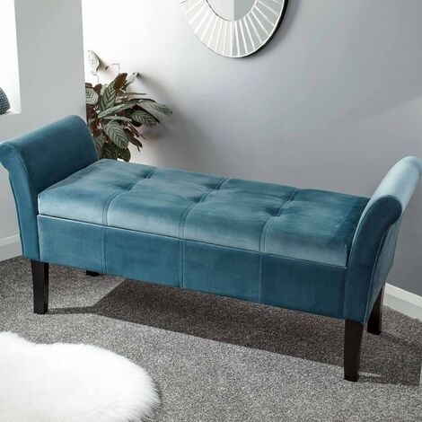 Upholstered Teal Window Seat Ottoman, Bed Storage Bench Blue