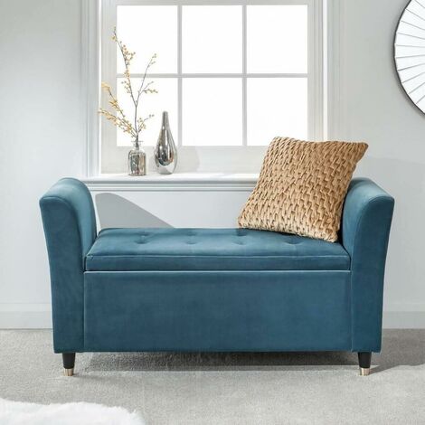 Blue Genoa Storage Ottoman Window Bench Seat Upholstered Fabric With Button Top