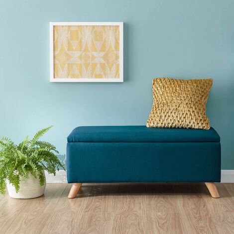 Teal Ottoman Window Seat Storage Fabric Upholstered Pouffe Footstool Wooden Legs