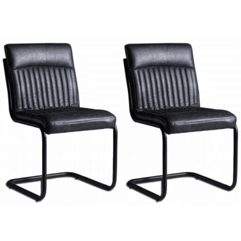 Dining Chairs Pair PU Leather Dark Grey Black Steel Legs Contemporary Furniture
