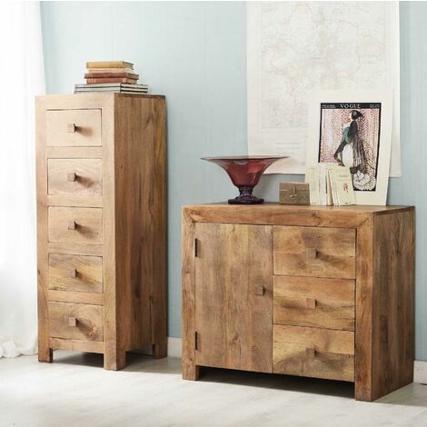 Contemporary Modern Tall 5 Drawer Chest Clothes Storage Light Walnut Solid Wood