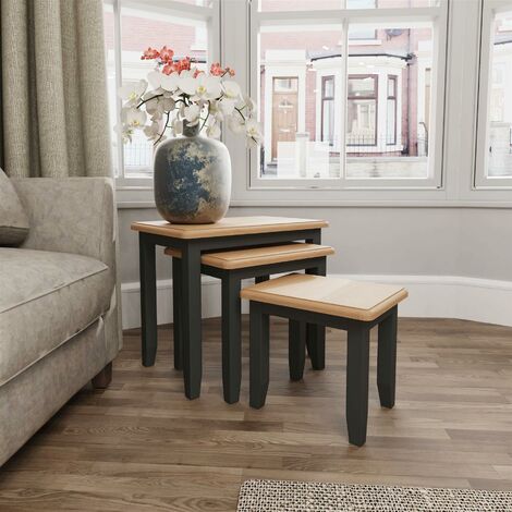 Grey Two Tone Nest of 3 Side Coffee Tables Stackable Wooden Unit Oak Top Finish