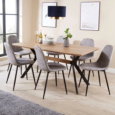 Wooden Oak Dining Kitchen Table Set, Dining Table With Grey Fabric Chairs