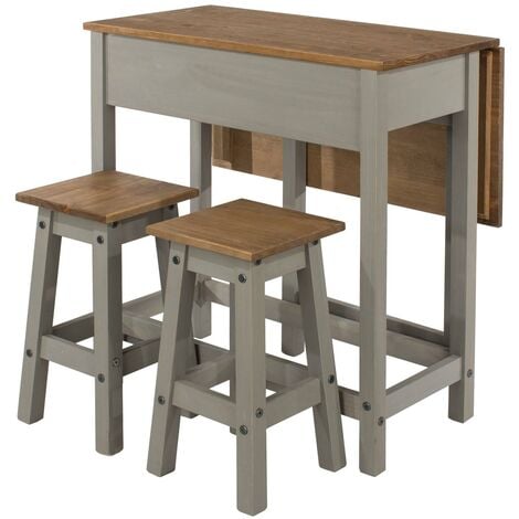 Dining Breakfast Set With Grey Solid Pine Extendable Table & 2 Dining Chairs