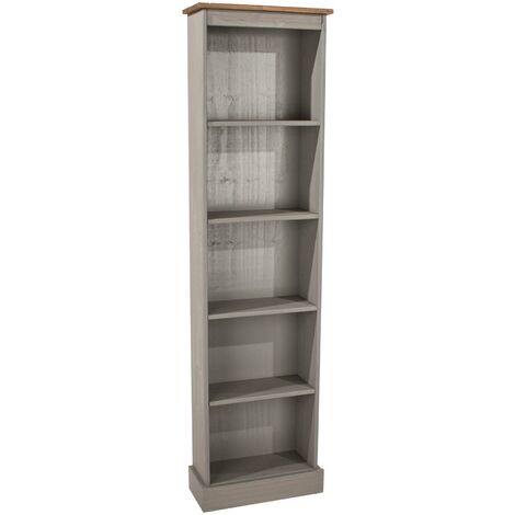 5 Tier Grey Solid Pine Bookcase Tall Narrow Display Shelving Storage Furniture