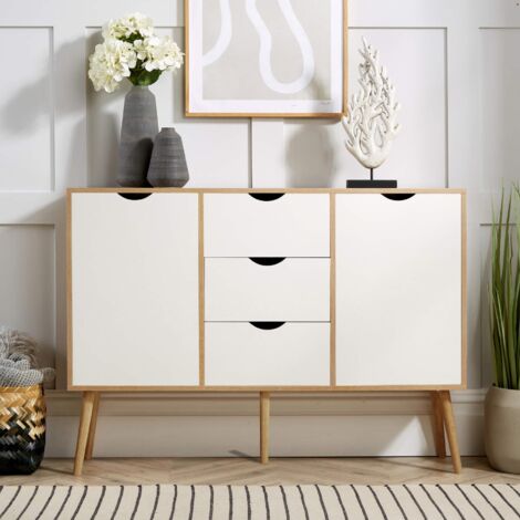 Sideboard Oak White Storage Cabinet 2 Door 3 Drawer Cupboard Solid Wood Legs