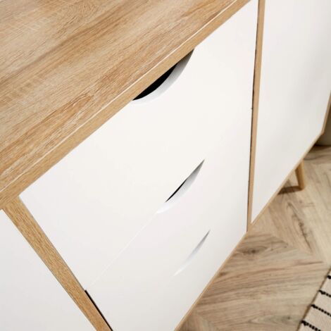 Sideboard Oak White Storage Cabinet 2 Door 3 Drawer Cupboard Solid Wood Legs