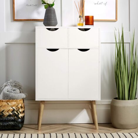 Sideboard White Storage Cabinet 2 Door 2 Drawer Cupboard Solid Wood Legs Scandi