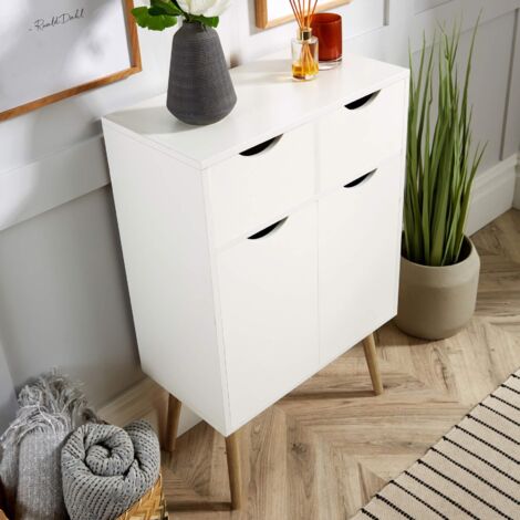 Sideboard White Storage Cabinet 2 Door 2 Drawer Cupboard Solid Wood Legs Scandi