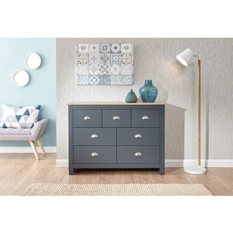Chest of Drawers Slate Blue Oak 7 Drawer Sideboard Two Tone Wooden Furniture