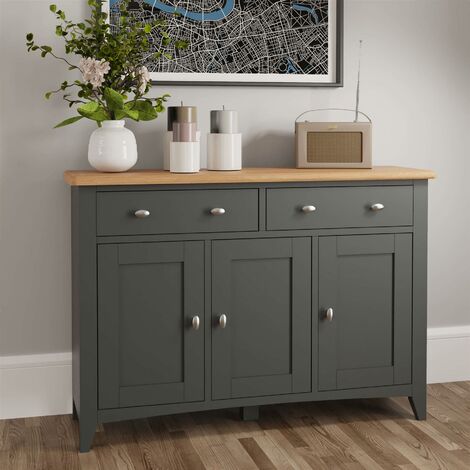 Grey Painted Two Tone 3 Door Sideboard Storage Unit 2 Drawers Oak Top Finish