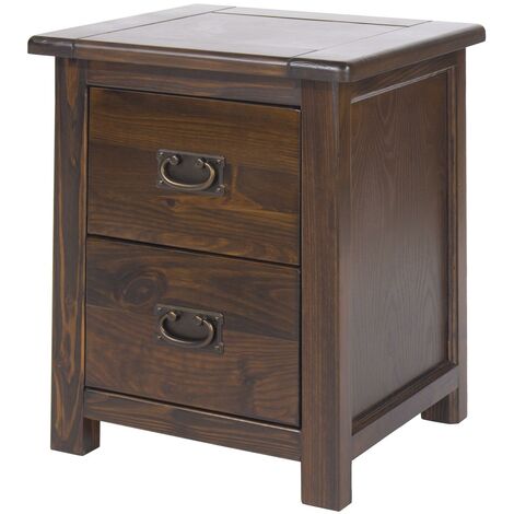 Dark Wood Bedside Cabinet Solid Pine 2 Drawer Side Table Nightstand Metal Handle