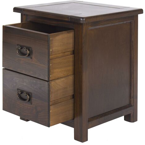 Dark Wood Bedside Cabinet Solid Pine 2 Drawer Side Table Nightstand Metal Handle