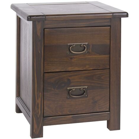 Dark Wood Bedside Cabinet Solid Pine 2 Drawer Side Table Nightstand Metal Handle