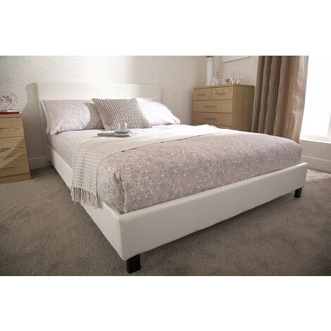 White Single Bed Faux Leather 3ft Low Frame Stitched Headboard Sprung Slatted