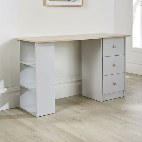 Computer Desk 3 Drawer and Storage Shelves Grey Home Office Wood Furniture Unit