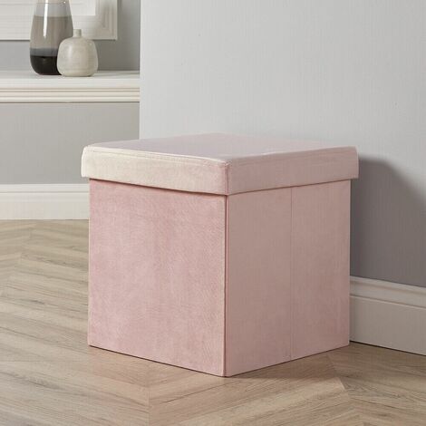 Square Folding Ottoman Velvet Blush Chest Storage Space Saving Bedding Box (1/5)