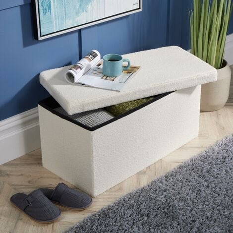 Folding Ottoman Cream Boucle Teddy Bear Fabric Chest Solid Storage Square Box