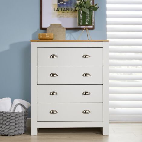 Chest 4 Drawers Bedroom Furniture White Oak Top Metal Handles Wooden Nightstand