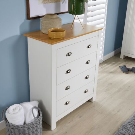 Chest 4 Drawers Bedroom Furniture White Oak Top Metal Handles Wooden Nightstand