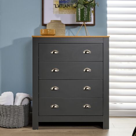 Chest 4 Drawers Bedroom Furniture Graphite Oak Top Metal Handles Wood Nightstand