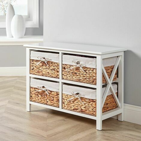 White Wooden Storage Unit 4 Drawer Chest Water Hyacinth Basket Fully Assembled (1/5)