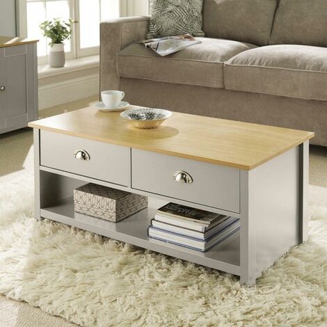 Coffee Table 2 Drawer Oak Grey Occasional Table D Cup Metal Handles Furniture