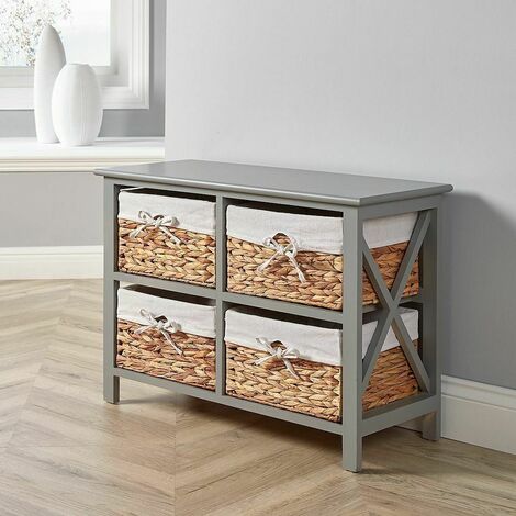 Grey Wooden Storage Unit 4 Drawer Chest Water Hyacinth Basket Fully Assembled