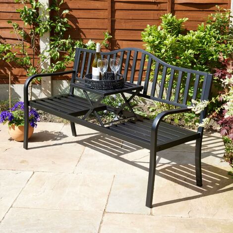 Garden Bench Loveseat Black Centre Drinks Table Armrest Outdoor Patio Furniture
