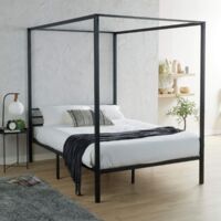 King 4 Poster Black Metal Canopy Bed Frame Home Modern Bedroom Furniture
