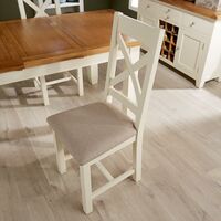 Pair of White Solid Wood Cross Back Dining Chairs With Upholstered Fabric Seat