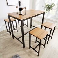 Kitchen Dining Breakfast Bar Set Wooden Table Black Metal Frame with 4 Barstools