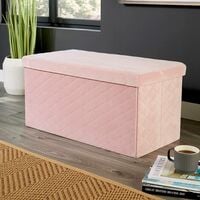 Large Folding Quilted Ottoman Pink Velvet Fabric Chest Space Saving Storage Box