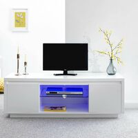 Polar High Gloss White TV Stand 2 Door Cabinet LED Lights Glass Shelf Cable Tidy