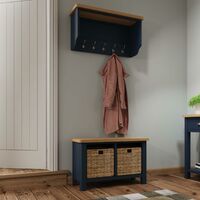 Blue Two Tone Wall Mounted Hallway Coat Rack 5 Hooks Bevelled Mirror Oak Top