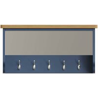Blue Two Tone Wall Mounted Hallway Coat Rack 5 Hooks Bevelled Mirror Oak Top